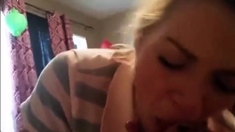 Blonde girl sucks cock and gets cum blasted in her mouth
