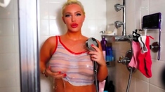 T.B. - Big fake tits get wet in shower - solo boob play