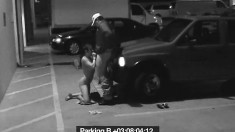 Slut gets naked and sucks off a guy on parking deck security cam